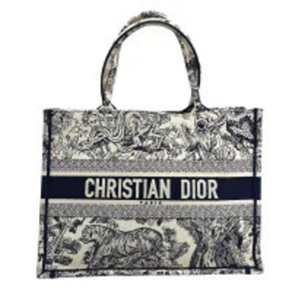 Christian Dior Toile de Jouy Embroidery Book Tote Navy Blue Canvas Handbag